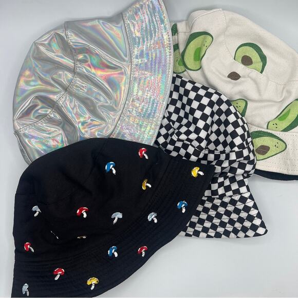 Bundle of 4 Rave Festival Bucket Hats Mushrooms Checkered Reflective Avocado - Picture 2 of 12
